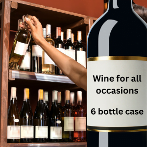 Image of a person picking wine from a shelf, there is a bottle in the forefront reading: wine for all occasions and 6 bottle case on the label.