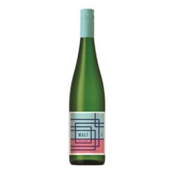 Green bottle of Walt Riesling wine with a geometric label design in pastel colors.