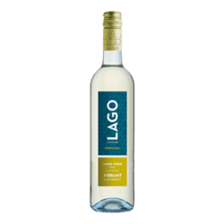 Bottle of Lago Vinho Verde white wine with a green label and a cork top.