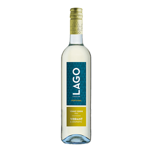 Bottle of Lago Vinho Verde white wine with a green label and a cork top.