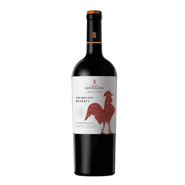 Bottle of Tradición Reserva Cabernet Sauvignon wine with a rooster design on the label.