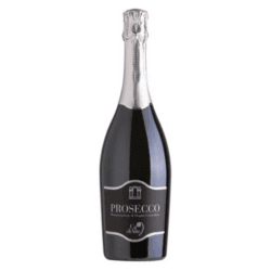 Prosecco sparkling wine bottle with a silver foil cap, featuring a black label and elegant design, ideal for celebrations and gatherings.