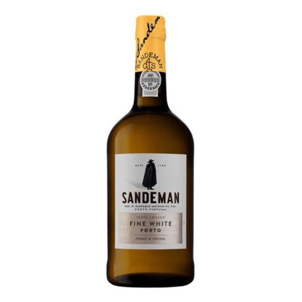 Sandeman Fine White Porto wine bottle featuring a distinctive label and yellow cap, showcasing a premium Portuguese wine.