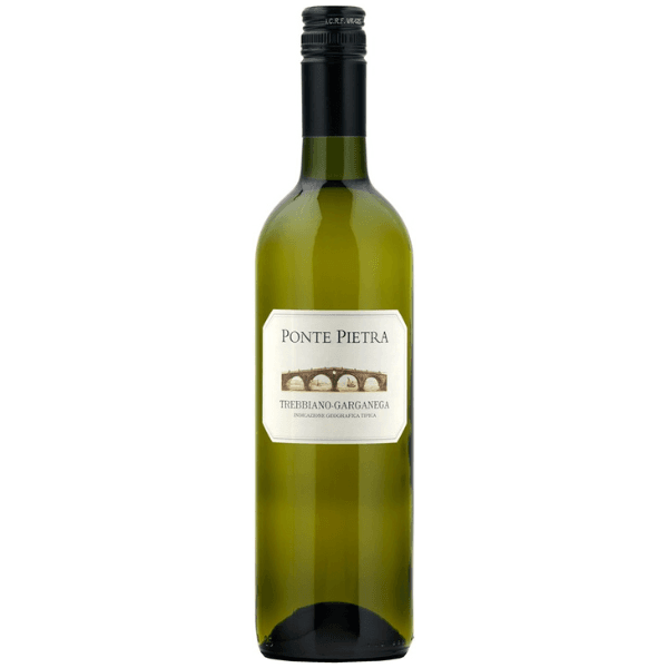 Ponte Pietra Trebbiano Garganega white wine bottle with label, showcasing a clear glass design and a cork top.