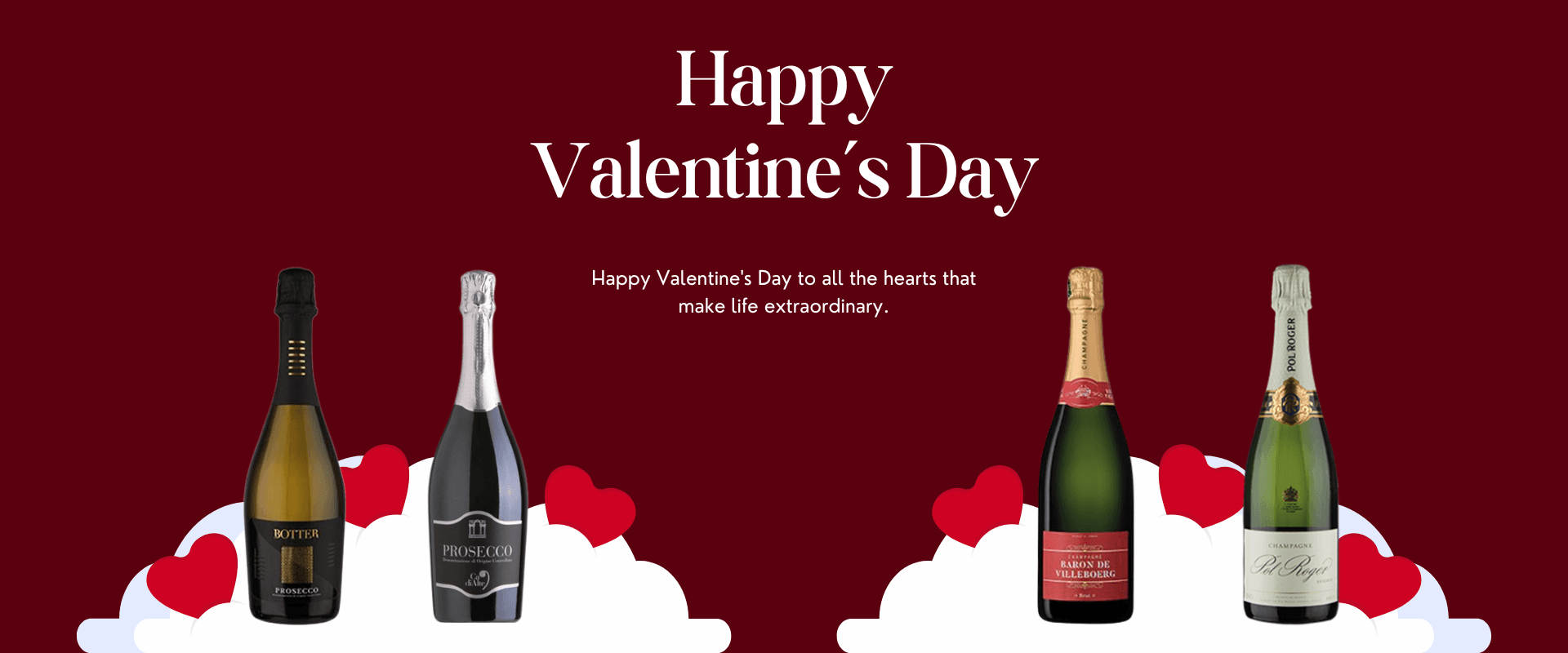 Valentine's Day greeting with champagne bottles and hearts, celebrating love and special moments.